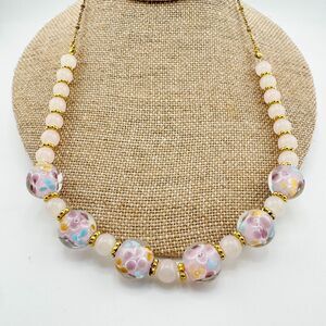 Vintage Pink Flower Venetian Art Glass Bead Necklace Dots Blue Retro